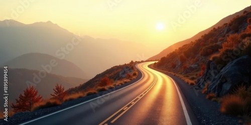 Golden Hour Journey Winding Asphalt Road Through Majestic Mountain Landscape at Sunset