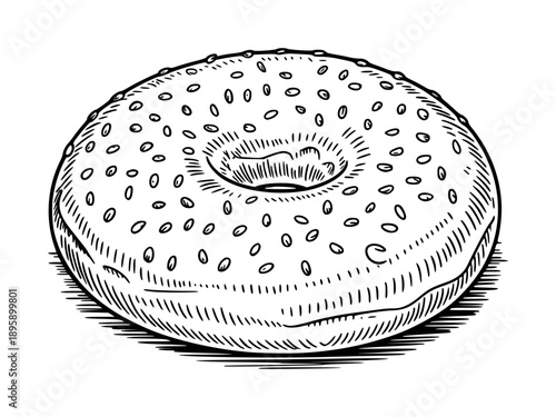 Black and white of a sesame seed bagel with a hole in the middle and shadow food baking