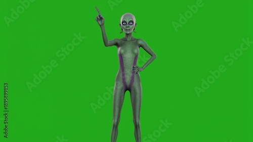 Alien character pointing finger upwards, presenting an idea, standing against a green screen