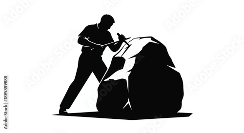 Silhouette of a determined craftsman sculpting a large stone with hammer and chisel.