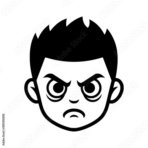 angry, frustrated, annoyed, face, icon, character, boy, expression, emotion, head, avatar, upset, grumpy, mad, vector, illustration, cartoon, black, white, minimalist, simple, mood, negative, frowning