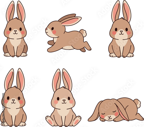 Cute Brown Rabbit Character Set with Various Poses Including Sitting, Running, and Sleeping for Easter Decorations, Kids Stickers, and Nursery Graphics