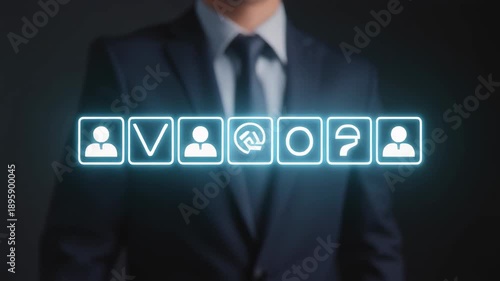Businessman's Hand Touching Digital Interface with Icons for People, Choices, and Questions in
