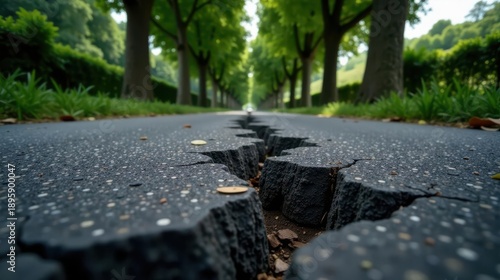A Deep Crack in a Park Path Divides a Serene Tree-Lined Avenue