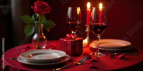 Romantic Dinner Setting with Candlelight, Wine, and a Gift