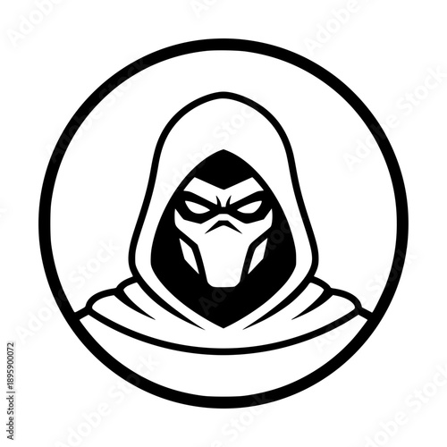 Vector illustration of a mysterious character wearing a hood and mask, designed in a bold symmetrical line art style within a circle.