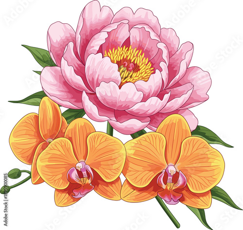 Elegant Floral Bouquet Featuring Pink Peony and Orange Orchids with Green Leaves for Wedding Invitations, Greeting Cards, Greeting Cards, and Botanical Designs