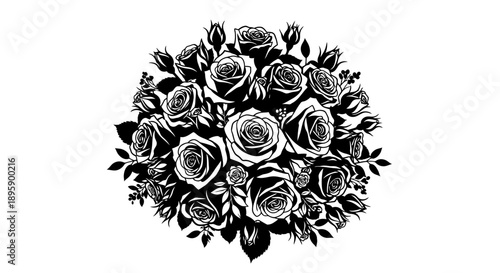 Striking black and white graphic silhouette of a blooming rose flower surrounded by detailed stylized foliage and small decorative elements representing elegance and classic beauty in vector format.