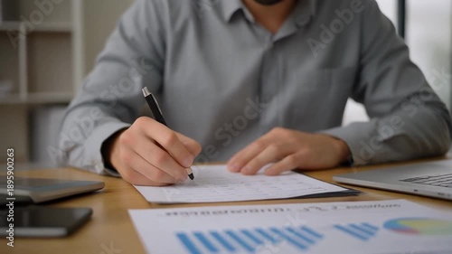 Close-up of a person in a grey shirt writing on a document with a pen at a desk with laptop