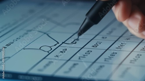 Close-up of a person's hand using a stylus to draw a graph on a digital tablet screen, showing