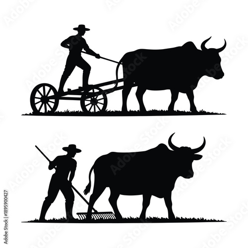 Silhouette depicting a farmer plowing a field with oxen