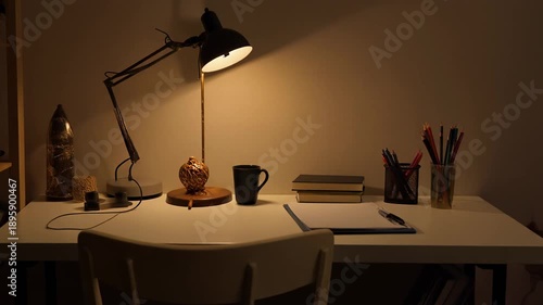 Cozy home desk at night, illuminated by a desk lamp, featuring books, art supplies,