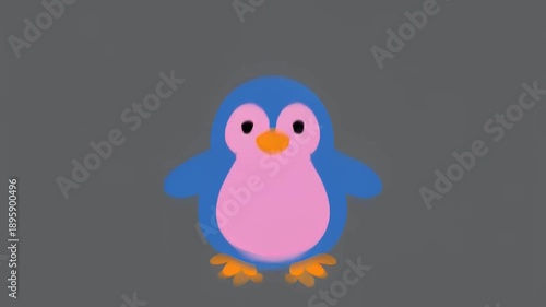 Cute Blue and Pink Cartoon Penguin Character Animation, Simple Vector Illustration on Gray