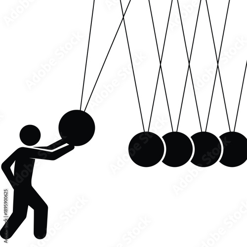 A stylized image depicting a person initiating a newton s cradle