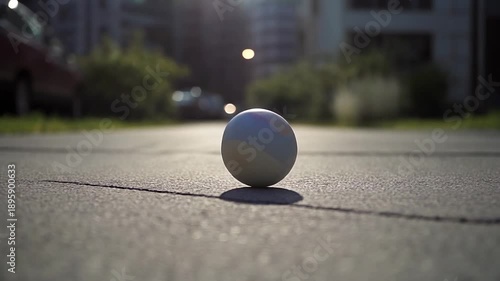 Close-up shot of a colorful marble rolling and spinning on cracked asphalt ground in bright sunlight