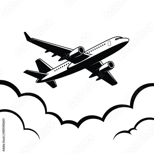 A black and white illustration of an airplane flying through clouds
