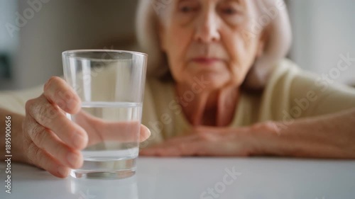 Elderly woman's hand reaching for a glass of water on a table, focusing on the act of hydration