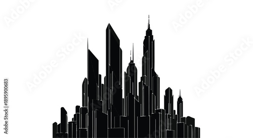 Dramatic silhouette of a modern city skyline against a white background.