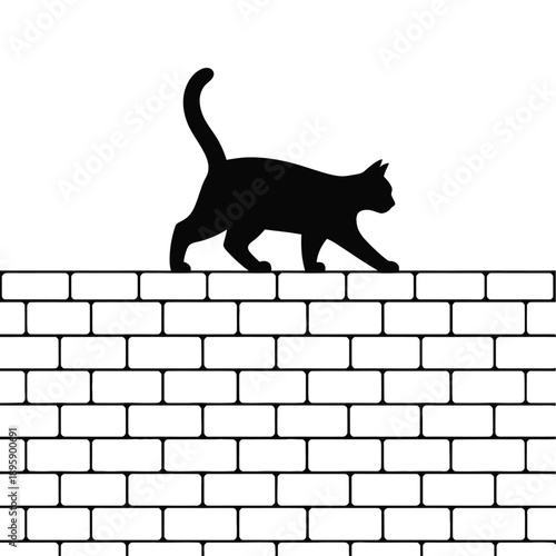 Black cat silhouette walking along a brick wall simple graphic