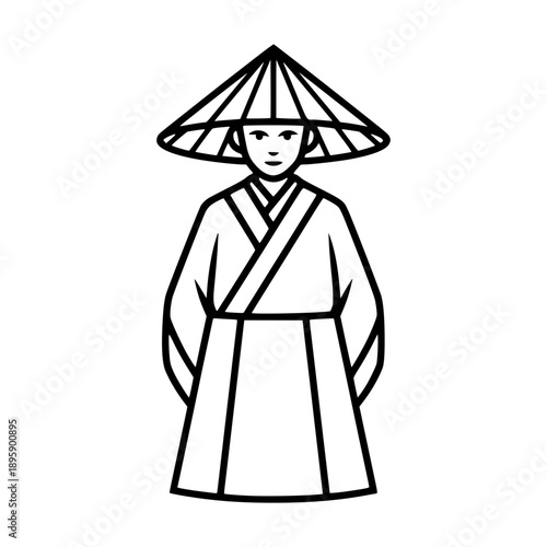 Minimalist black line vector illustration of an Asian man wearing a traditional conical sun hat and robe, representing rural culture, agriculture, and East or Southeast Asian heritage.
