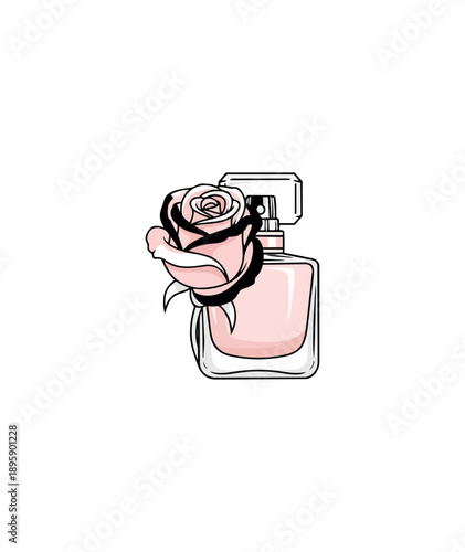 Elegant perfume bottle with pink rose floral decoration on black background