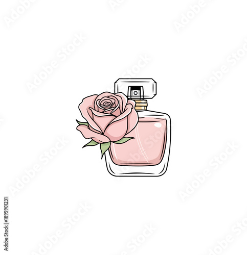Elegant perfume bottle with pink rose floral illustration