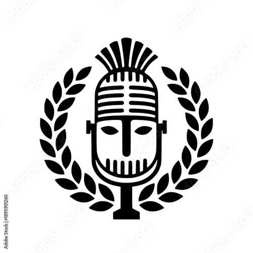 Vintage Microphone Logo with Human Face and Laurel Wreath