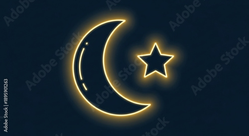 Crescent moon and star icon glowing neon outline symbol for night sky astronomy and Islamic themes isolated on dark background