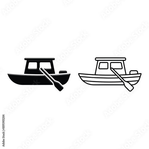 Simple black and white illustration of a small rowboat with an oar