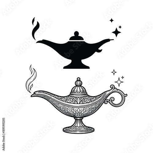 Two magic lamps one ornate and one simple emit smoke