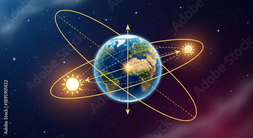 Earth orbiting the sun illustrating seasons and axial tilt a concept for astronomy and space education digital illustration