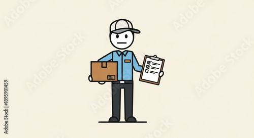 Delivery person holding package and checklist cartoon illustration.