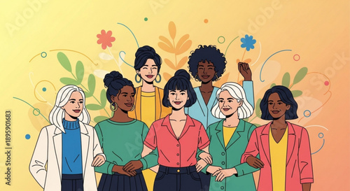 Diverse group of women standing together celebrating sisterhood and empowerment illustration for International Womens Day and social causes