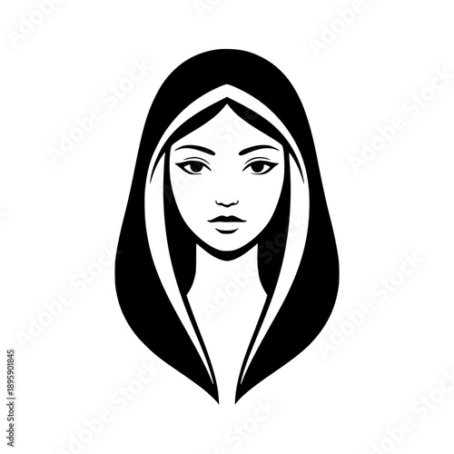 Vector illustration of a female face portrait wearing a veil or hijab in clean black line art style.