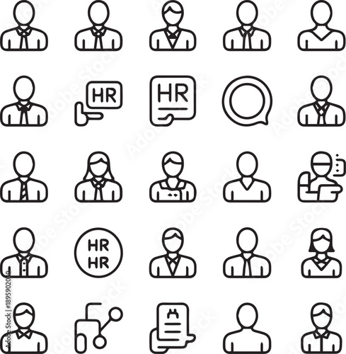 Collection of diverse human resource and office worker line icons