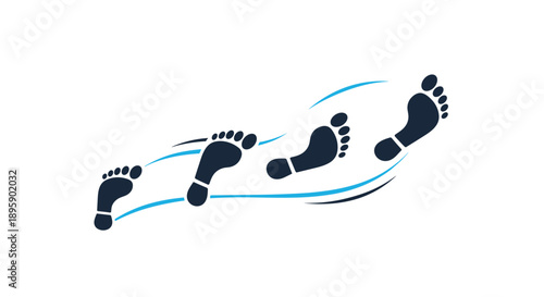 Set of four dark blue footprints walking in a curved path accompanied by light blue wave lines on a white background.