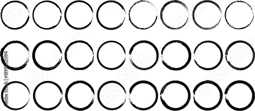 Grunge Black Ink Circle Brush Strokes Set – Rough Round Frame Rings Isolated on White Background