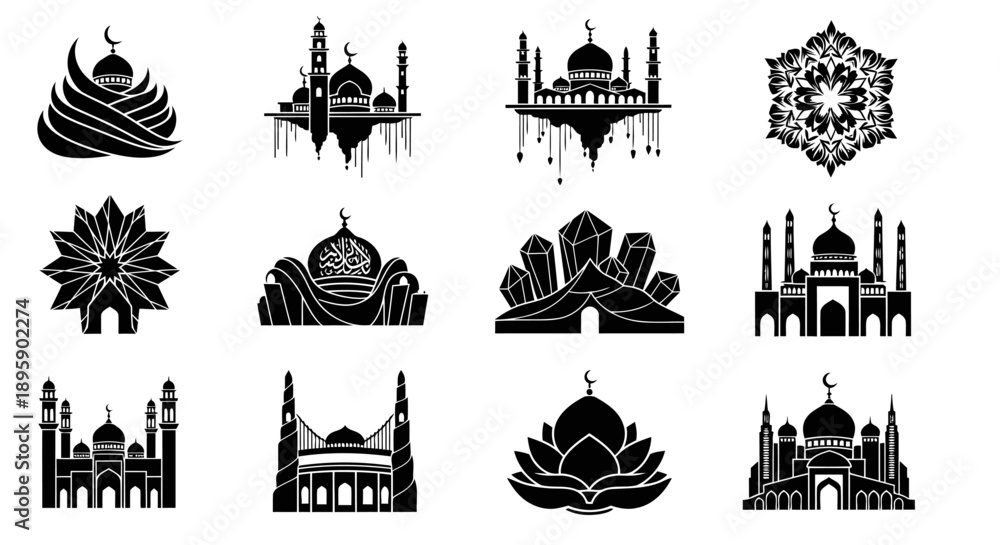 Obraz premium This exclusive collection of twelve black vector icons showcases elegant and creative mosque designs inspired by Islamic art and architectural beauty. Featuring symbolic representations of artistic