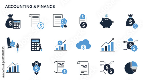 Financial Accounting Solid Icons – Payroll, Bookkeeping, Budgeting, Tax & Audit Services..eps