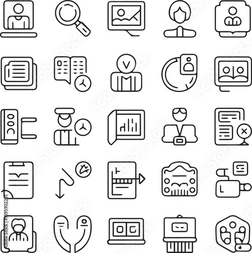Collection of linear icons depicting various business and technology concepts