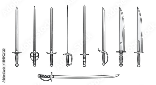 Set of detailed black and white line drawings of nine various historical swords, rapiers, and daggers showing different hilt and blade designs.