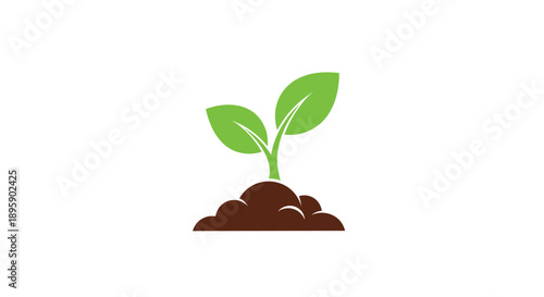 Simple and clean graphic of a young green plant sprout with two leaves emerging from a mound of fertile brown soil on a white background.