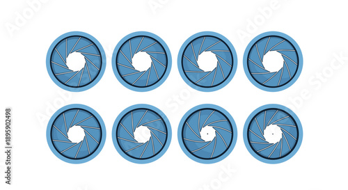 Set of eight circular icons representing different stages of camera lens aperture openings from wide to narrow in a clean blue color scheme.