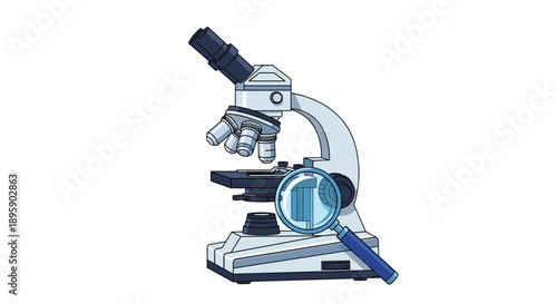 Detailed illustration of a professional laboratory microscope being inspected through a blue magnifying glass for scientific research concepts.