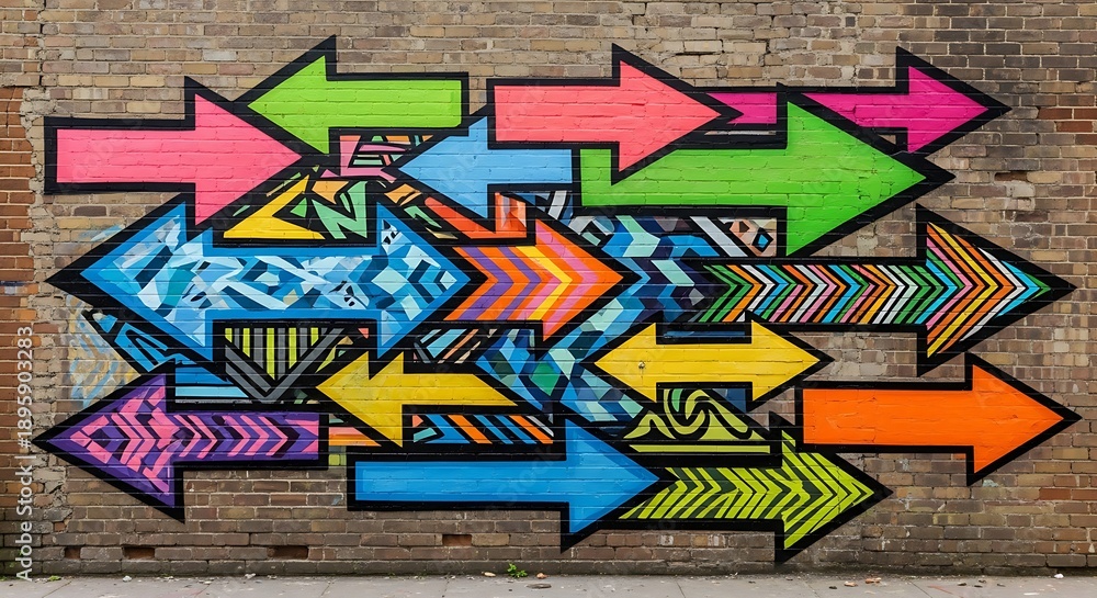 Fototapeta premium Vibrant street art arrows on urban brick wall background