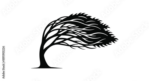 Stylized tree bent by strong wind, symbolizing resilience and nature's power.
