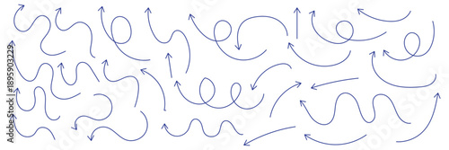 Squiggly arrows doodle set. Curve and Spiral comic symbols in sketch style. Hand drawn vector illustration isolated on white background