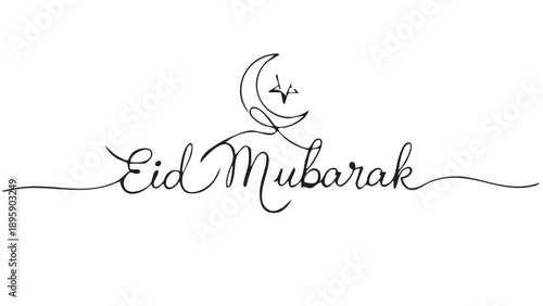 Minimal Line Art Eid Mubarak Calligraphy with Crescent Moon and Star