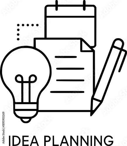 Idea Planning Icon – Creative Brainstorming, Light Bulb and Notes Line Vector Illustration