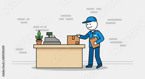 Delivery person handing package at counter illustration.